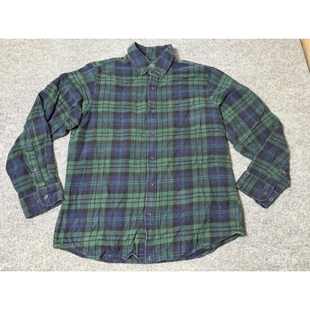 Lands' End Shirt Mens L Green Blue Plaid Long Sleeve Flannel Button-Down Casual